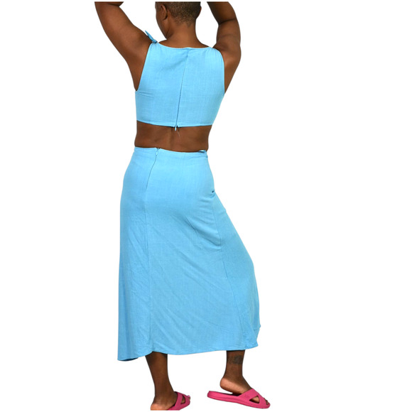 Sundays Tie Shoulder Midi Dress Blue Cutouts Midriff Hemp Slit Two Piece Small - Picture 2 of 12